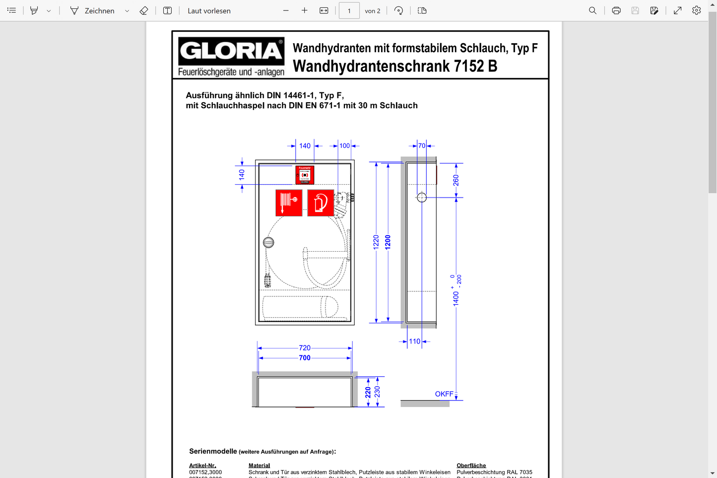 Gloria Wandhydrantenschrank mit Schlauchhaspel (30M) TYP F